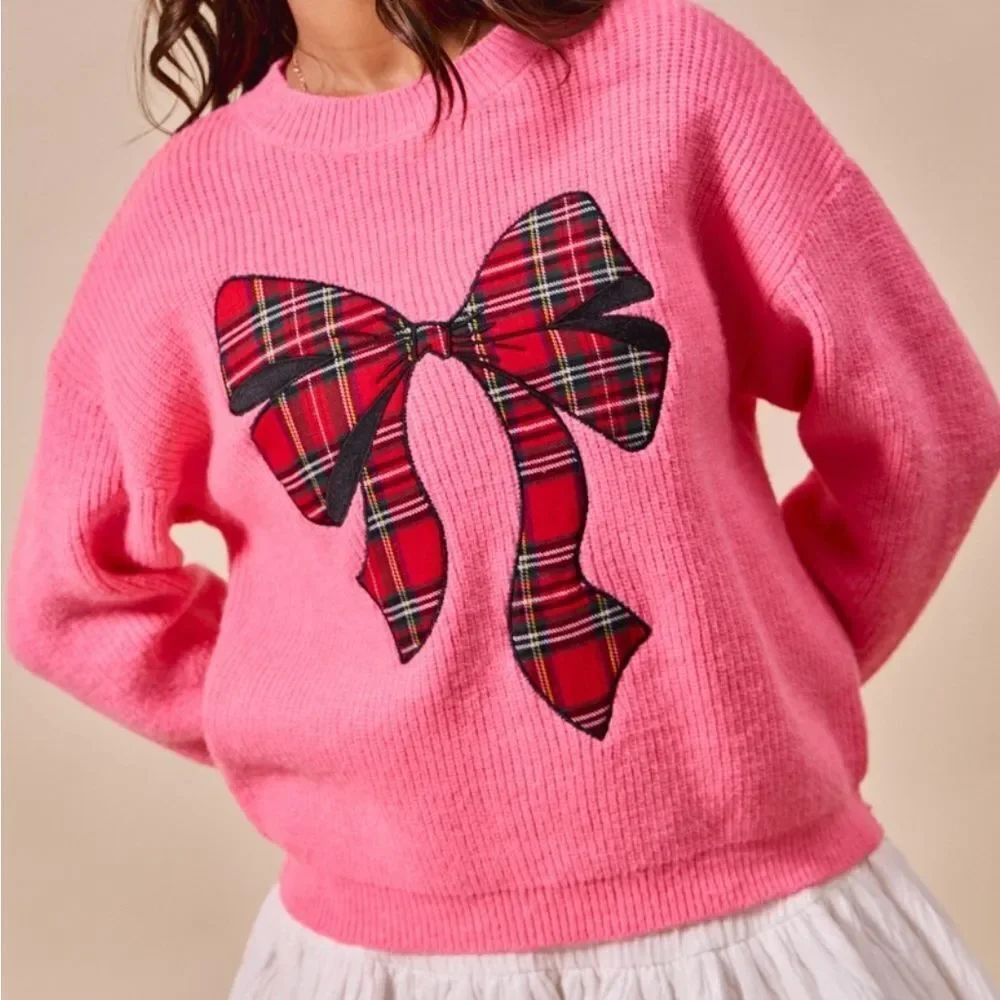 SO ME Women's Pink Plaid Bow Appliqué Sweater Oversized Holiday Knits sz XL